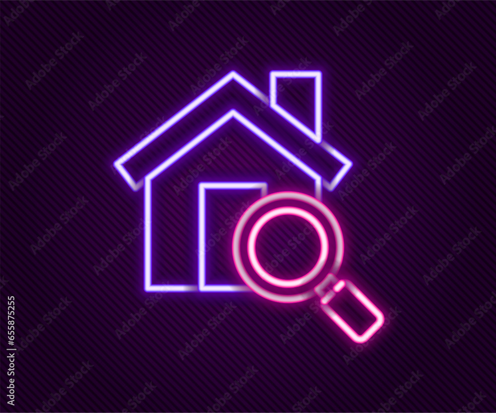 Glowing neon line Search house icon isolated on black background. Real estate symbol of a house under magnifying glass. Colorful outline concept. Vector Glowing neon line Search house icon isolated on black background. Real estate symbol of a house under magnifying glass. Colorful outline concept. Vector