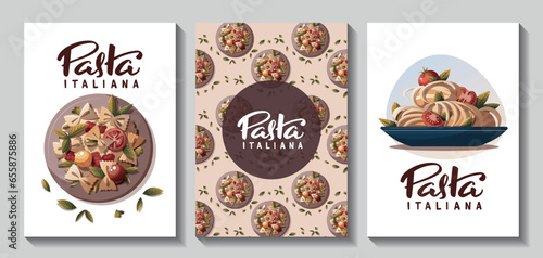 Set of square cards with Italian pasta. Italian food, healthy eating, cooking, recipes, restaurant menu concept. Vector illustration for card, poster, banner.