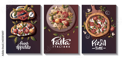 Set of cards with Italian pizza, pasta, bruschetta. Italian food, healthy eating, cooking, recipes, restaurant menu concept. Vector illustration for card, poster, banner.