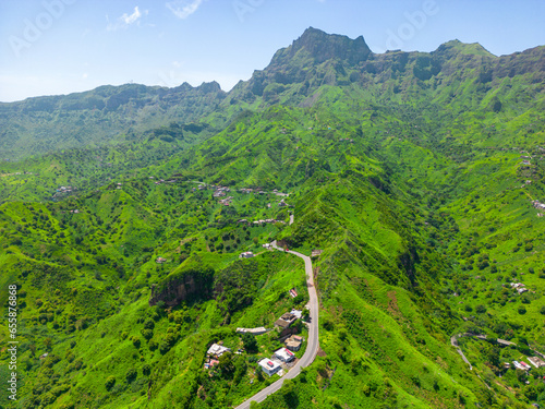 Cape Verde Aerial View. Mountainous Green Santiago Island Landscape. The Republic of Cape Verde is an island country in the Atlantic Ocean. Africa. photo