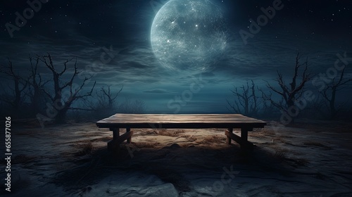 Wooden table against the ba...