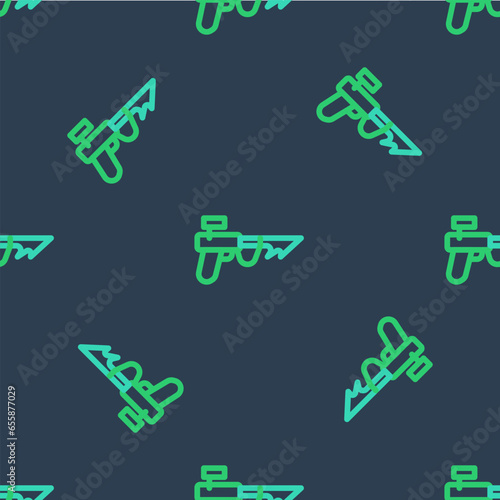 Line Fishing harpoon icon isolated seamless pattern on blue background. Fishery manufacturers for catching fish under water. Diving underwater equipment. Vector