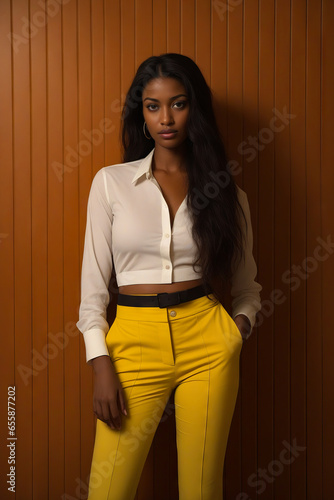 Woman in white shirt and yellow pants posing for picture.