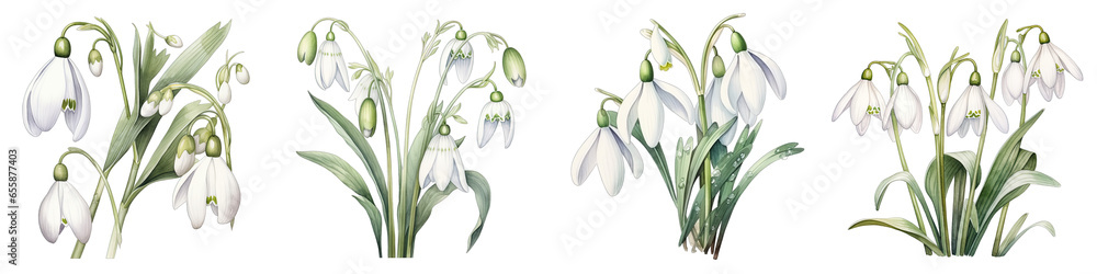 Snowdrop Botanical View On A Clean White Background Soft Watercolour Transparent Background - obrazy, fototapety, plakaty 