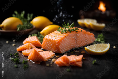 Fresh salmon fillet with lemon, herbs and spices on a black background. Commercial promotional food photo