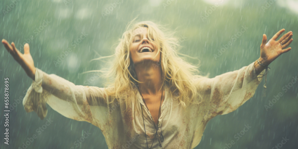 Enchanting blonde hippie woman freely dancing in the hail. - obrazy, fototapety, plakaty 