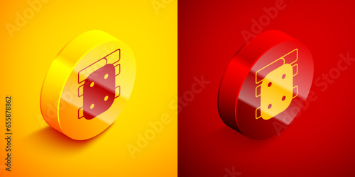 Isometric Knee pads icon isolated on orange and red background. Extreme sport. Skateboarding, bicycle, roller skating protective gear. Circle button. Vector