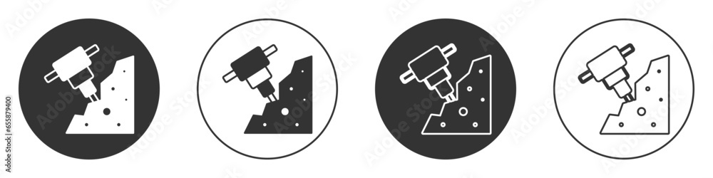 Black Construction jackhammer and stone icon isolated on white background. Circle button. Vector Black Construction jackhammer and stone icon isolated on white background. Circle button. Vector