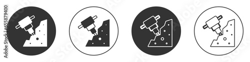 Black Construction jackhammer and stone icon isolated on white background. Circle button. Vector