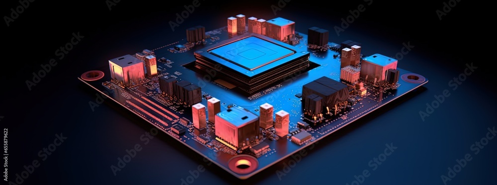 Closeup of a CPU and microchips on a motherboard with dramatic lighting ...