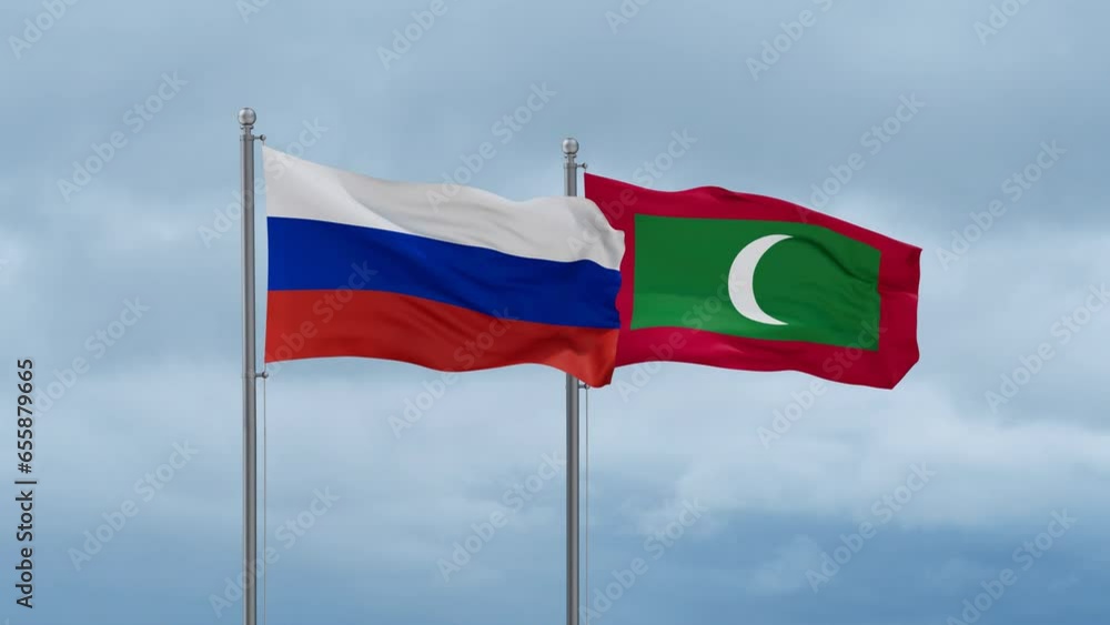 Maldives flag and Russia flag waving together on cloudy sky, endless seamless loop, two country relations concept Maldives flag and Russia flag waving together on cloudy sky, endless seamless loop, two country relations concept