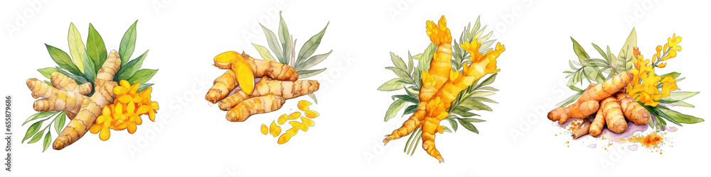 Turmeric Botanical View On A Clean White Background Soft Watercolour Transparent Background - obrazy, fototapety, plakaty 