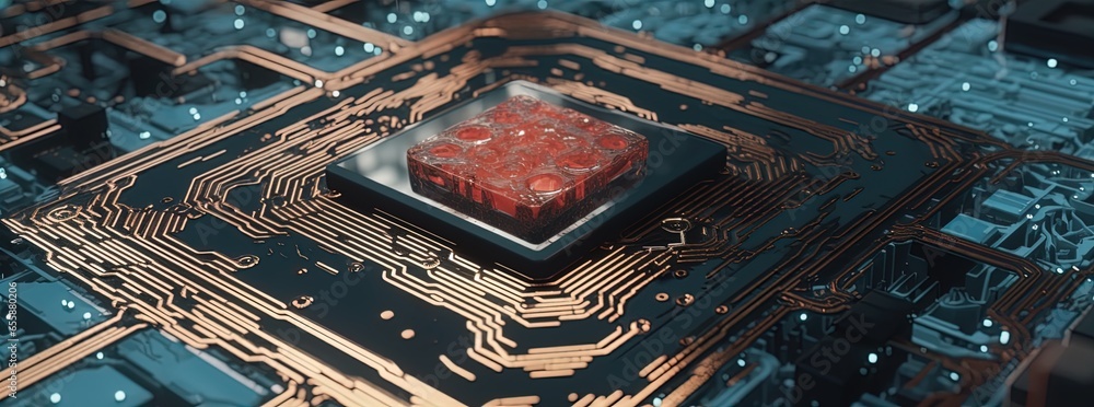 Closeup of a CPU and microchips on a motherboard with dramatic lighting ...