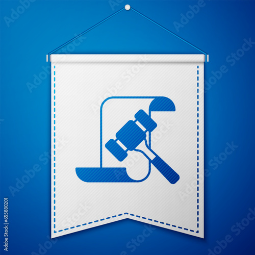 Blue Auction hammer icon isolated on blue background. Gavel - hammer of judge or auctioneer. Bidding process, deal done. Auction bidding. White pennant template. Vector