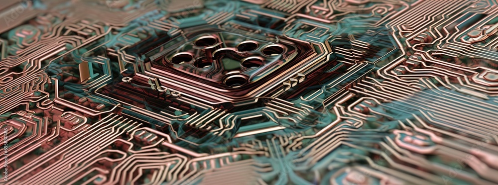 Obraz premium Closeup of a CPU and microchips on a motherboard with dramatic lighting. Great for stories on technology, artificial intelligence, manufacturing and more. 