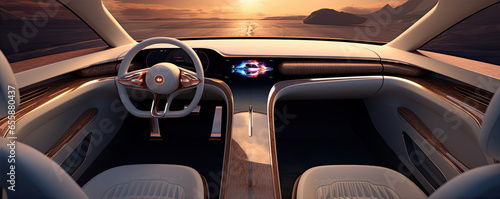 Luxury electric car interior. Modern design inside of future vehicle or supercar. copy space for text.