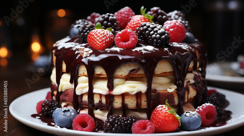 chocolate cake with whipped cream and fruits