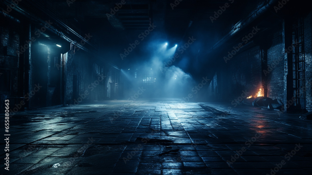 Empty background scene. Dark street reflection on the wet pavement. Rays neon light in the dark, neon figures, smoke. Night view of the street, the city. Abstract dark background. - obrazy, fototapety, plakaty 