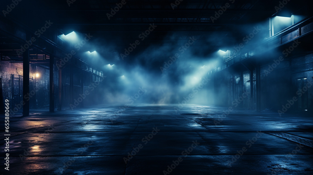 A street light standing in flood water with a bridge behind on a spooky, misty night, with a blue moody edit.