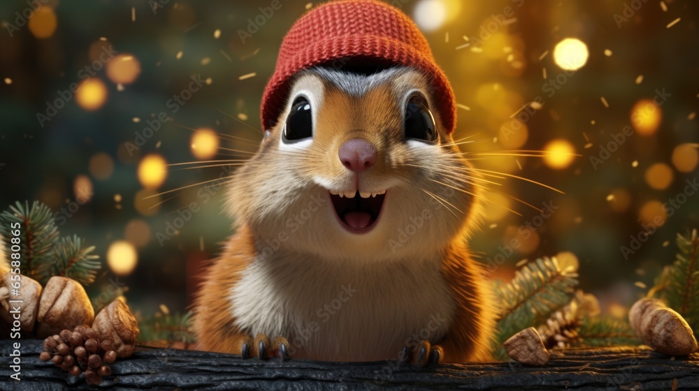 Fototapeta premium A squirrel wearing a red knitted hat