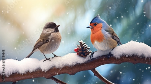 A couple of birds sitting on top of a snow covered branch