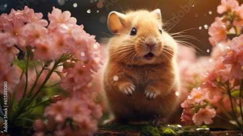 A hamster is standing in a field of flowers