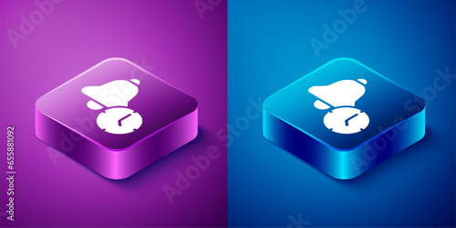 Isometric Alarm clock icon isolated on blue and purple background. Wake up, get up concept. Time sign. Square button. Vector