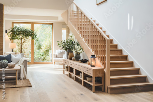 Farmhouse home interior design of modern living room with wooden staircase. © Vadim Andrushchenko