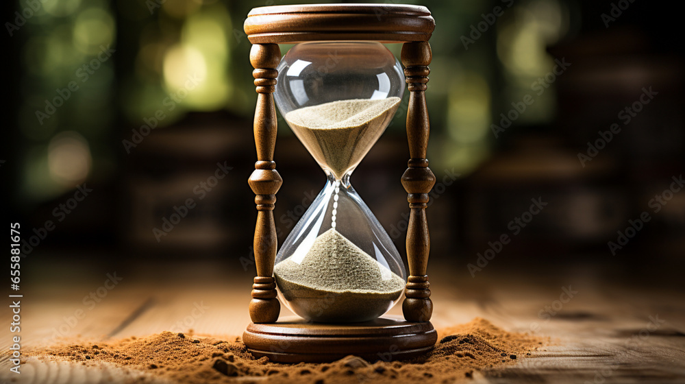 Golden sand inside transparent hourglass isolated on black background. Stock footage. Small metal particles running through an hourglass measuring passing time. - obrazy, fototapety, plakaty 