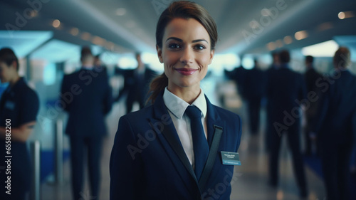 Elevating Service with a Smile: Flying Stewardesses Shine in their Airborne Attire, Radiating Warmth as they Smile for the Camera, Amidst a Sea of Common People and General Public Passengers  © Talha