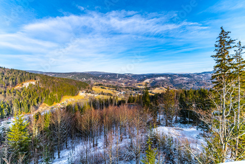 First snow in hilly landscape of Jizera Mountains. Czech Republic
