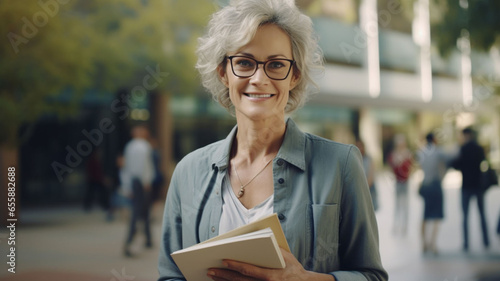Lifetime of Wisdom: An Esteemed Elderly Female Professor, Grasping Knowledge with Her Files, Exuding Radiance in Professorial Attire and White Sunglasses, Offers a Beaming Smile to the Camera, Amidst