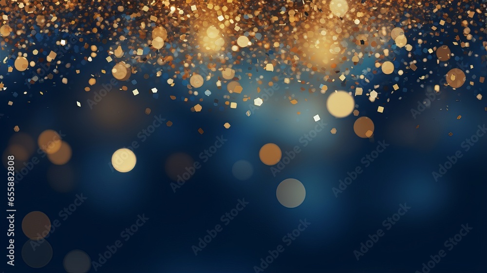 Abstract glitter lights background in blue, gold and black colors. Blurred bokeh effect. Elegant and festive design for banner, poster, invitation, card or wallpaper. - obrazy, fototapety, plakaty 