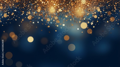 Abstract glitter lights background in blue, gold and black colors. Blurred bokeh effect. Elegant and festive design for banner, poster, invitation, card or wallpaper. photo
