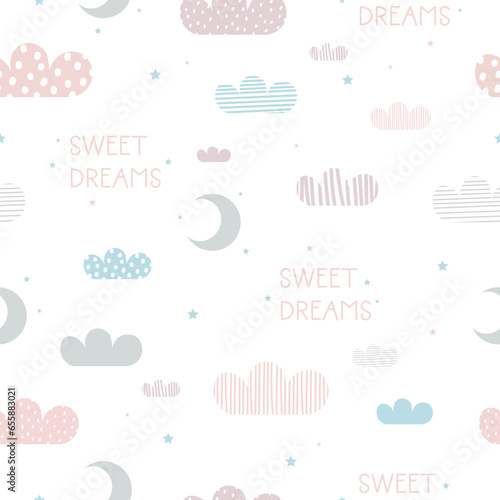 Cute seamless pattern with clouds and moon. Kids vector illustration. For nursery baby, paper design, wrapping, print, textile, fabric, wallpaper, other