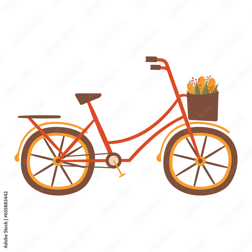 Autumn hand drawn clipart. Fall season cozy symbol. Autumn seasonal element - bicycle. Harvest colorful illustration. Thanksgiving flat icon. Stock design