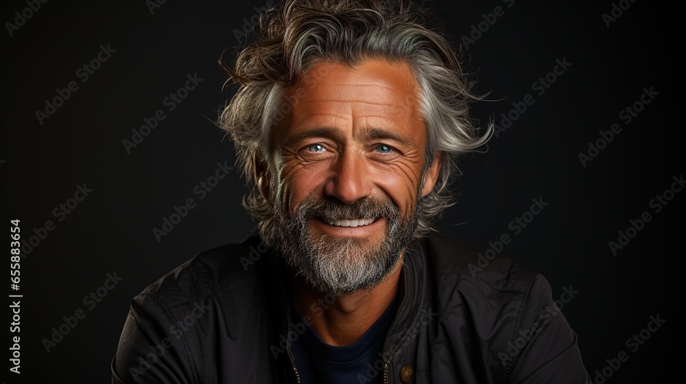 Handsome Senior Male in His 50s or 60s with Grey Hair Laughing and Smiling Against a Dark Background, Embracing Happiness and Confidence in Happy Retirement, Young at heart
