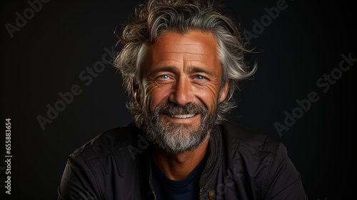 Handsome Senior Male in His 50s or 60s with Grey Hair Laughing and Smiling Against a Dark Background, Embracing Happiness and Confidence in Happy Retirement, Young at heart 