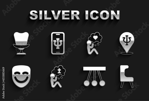 Set Man graves funeral sorrow, Psychology, Psi, Armchair, Pendulum, Comedy theatrical mask, Head with heart, and Psychologist online icon. Vector