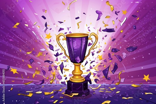 Murais de parede Vibrant purple backdrop hosting a cartoon champions trophy amidst celebratory confetti shower