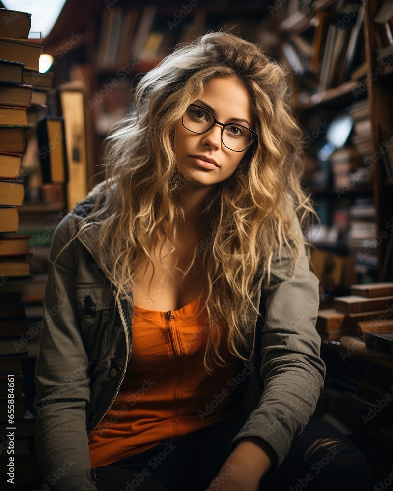 Young female student study in the school library. Young female student study in the school library.