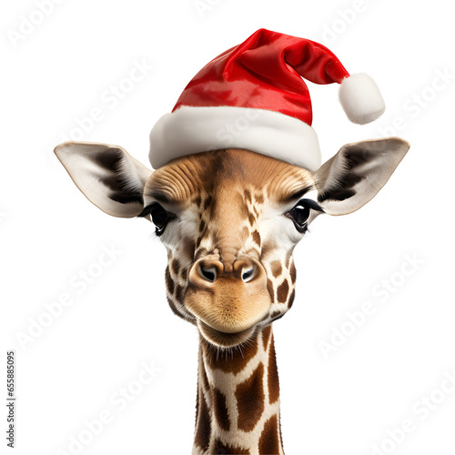 Happy Giraffe wearing a christmas hat isolated on transparent background