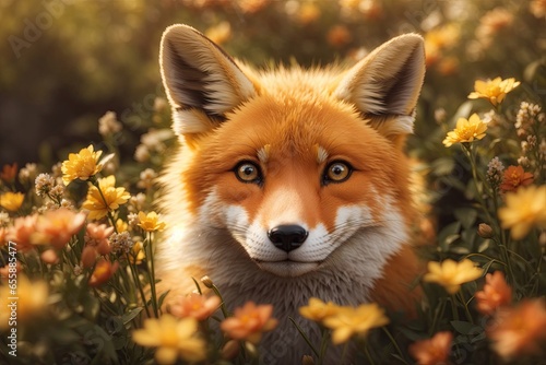 a cute fox face with spring flowers closeup. ai generative