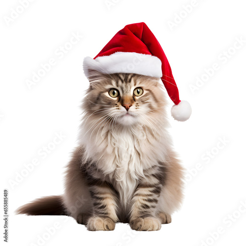 Cat Wearing a Christmas Hat Isolated on Transparent Background PNG