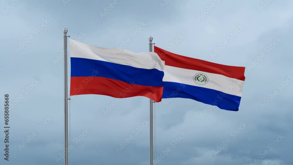 Paraguay flag and Russia flag waving together on cloudy sky, endless seamless loop, two country relations concept Paraguay flag and Russia flag waving together on cloudy sky, endless seamless loop, two country relations concept