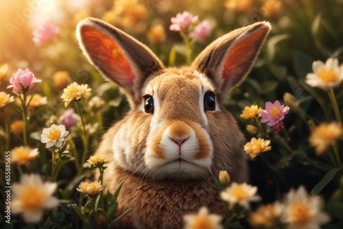a cute rabbit face with spring flowers closeup. ai generative © Igor
