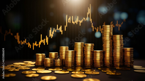 Golden Insights: A Stack of Precious Metals and Coins Amidst the Rising Financial Market Values, Upward-Bound Graphs, and Promising Financial Charts Illuminate Bullish Market Perspectives