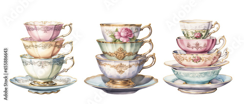 Rococo vintage cups. PNG. Ai generated illustration.