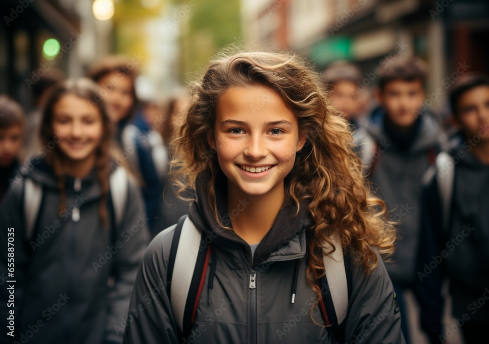 Collegiate Unity: College Girls and Boys, Clad in Jackets and Matching College Bags, Embrace Their Natural Hair with Smiles as They Face the Camera Against a Background of Fellow Students 