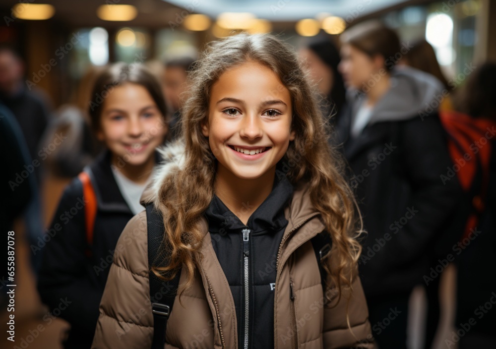 Obraz premium Youthful Elegance: Vibrant Schoolgirls with Natural Hair, Carrying Colorful Backpacks and Wearing Jackets, Grace the Everyday Scene of Common Folks 